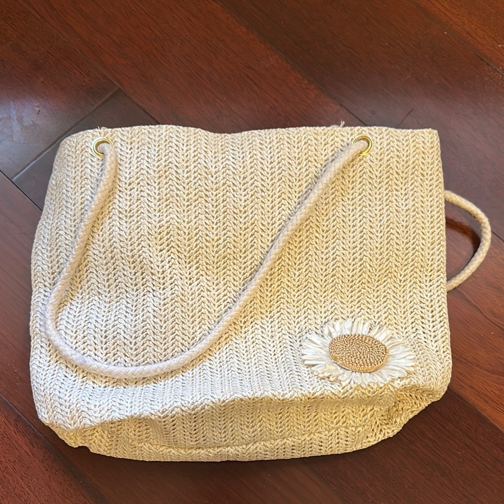 Cream Woven Tote Bag with Floral Accent